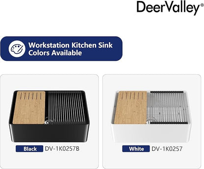 DeerValley Farmhouse Kitchen Sink Workstation 30 inch, White Fireclay Apron Front Farm Sinks, Single Bowl Deep Drop In Undermount Sink with Accessories