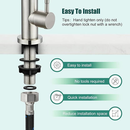 Heyalan Brushed Nickel Kitchen Faucet Cold Water Only 1 Hole Single Handle 360 Degree Swivel Spout Deck Mount High Arc SUS304 Sink Bar Tap Goose Neck with Hose and Longer Thread Pipe