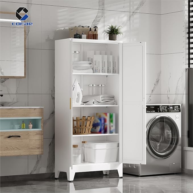 COFaR Metal Pantry Cabinet with Doors, Farmhouse 61'' Tall Storage Cabinet with 3 Adjustable Shelves, Kitchen Pantry Cabinet for Dinning Room, Laundry, Bathroom, Garage, White 4-Tier