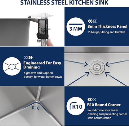 Lordear Drop In Kitchen Sink, 33 inch Waterfall Sink 16 Gauge Stainless Steel, Above Counter Smart Kitchen Sinks, Single Bowl with Integrated Faucet for High-Efficiency Cleaning