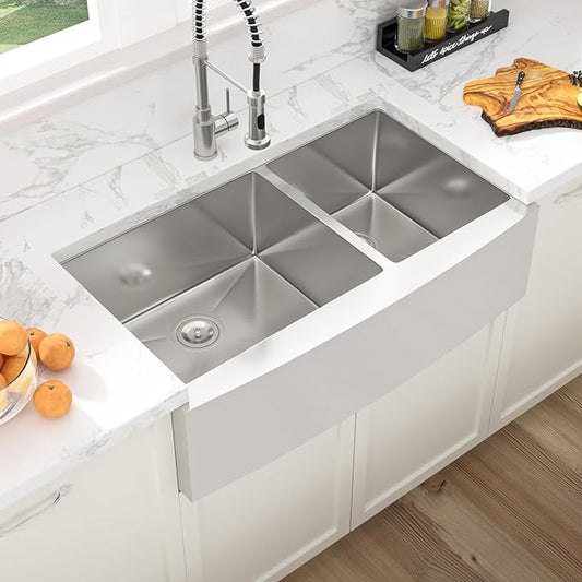 Sarlai 33 Farmhouse Sink Double Bowl- 33x21 Inch Apron Front Kitchen Sink Double Bowl 60/40 Stainless Steel 16 Gauge Round Corner Farm Farmer Kitchen Sinks
