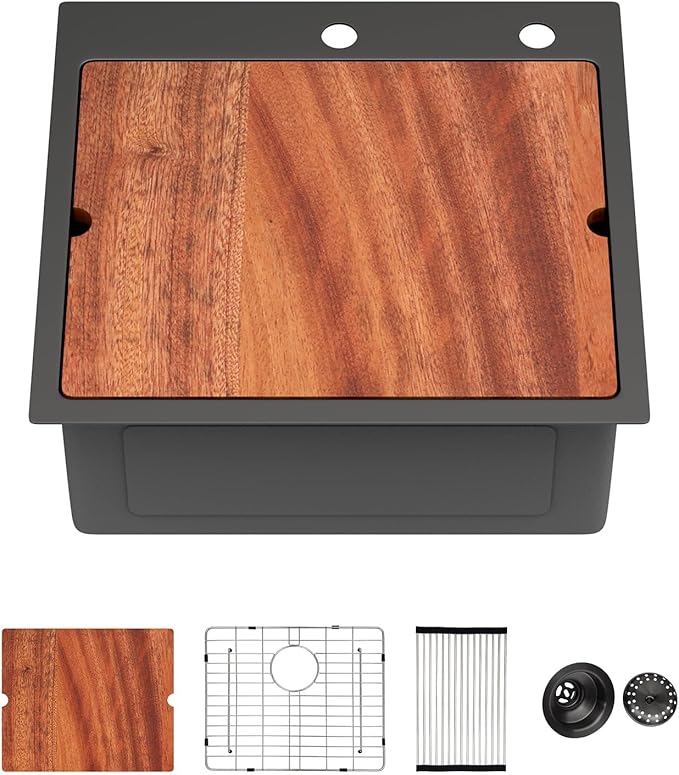 21 Inch Drop In RV Bar Sink - Beslend 21x20 Gunmetal Black Topmount Sink for RV Camper, Black Stainless Steel Wet Bar Workstation with Cutting Board, Roll-up Rack, Drain Assembly & Rinse Grid