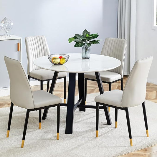 Round Dining Table Set for 4, Round Dining Room Table Set for 4 with Metal Leg and 4 Chair, Small Dining Table Set for 4, Kitchen Island with Seating for Small Spaces