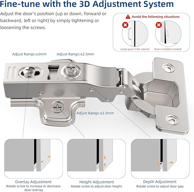 Chibery 2 Pack Full Overlay Soft Close Concealed Frameless Cabinet Hinges, Satin Nickel, 105°, Stop at Will 45-105 Degree, Self Closing, 3D Adjustment, Clip On, Stainless Steel for Cupboard Kitchen