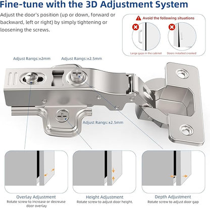 Chibery 30 Pack Full Overlay Soft Close Concealed Frameless Cabinet Hinges, Satin Nickel, 105°, Stop at Will 45-105 Degree, Self Closing, 3D Adjustment, Clip On, Stainless Steel for Cupboard Kitchen