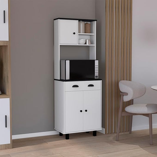 67" H Kitchen Pantry, Storage Cabinet with 2 Cabinets, 2 Open Shelves and 1 Drawer, White+Black, Easy to Maintain, for Dining Room