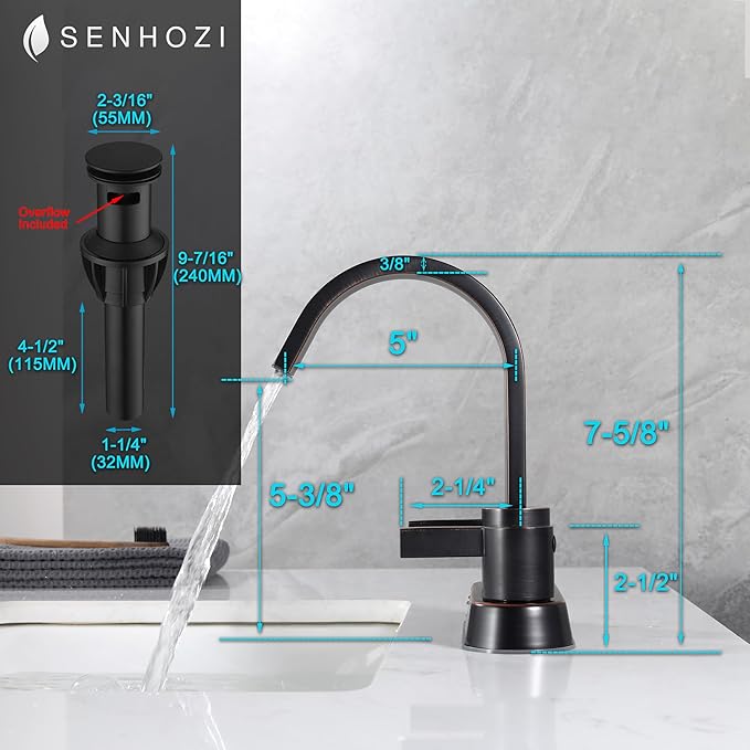 Oil Rubbed Bronze Bathroom Faucet 3 Hole, Senhozi 4 Inch Centerset Bathroom Faucet with Pop up Drain and 2 Supply Lines, Waterfall Bathroom Faucet Modern Faucet Bathroom, SE-0048-ORB