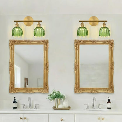 Gold Bathroom Light Fixtures Over Mirror, 2 Light Bathroom Vanity Light Fixture with Tulip Green Glass Lampshade, Vintage Vanity Lights for Bathroom, Bathroom Vanity Lights Over Mirror