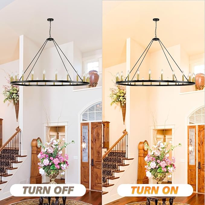 24-Lights 54" Extra Large Wagon Wheel Chandelier Farmhouse, Black and Gold Chandelier for High Ceilings, Rustic Chandeliers for Dining Room, Kitchen Island, Living Room, Foyer, Entryway