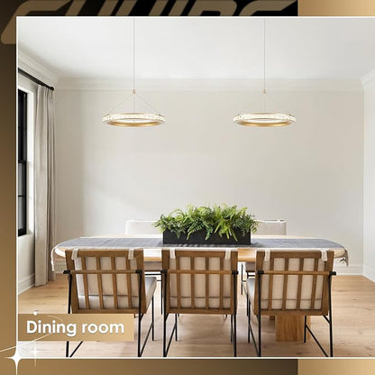 CHYING 3 Pack Modern Gold LED Crystal Pendant Light, 11.8" 24W 3500K Warm White Hanging Pendant Light Kitchen Island, Ring Ceiling Lights for Bedroom Dining Room Hallway