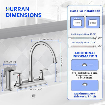 HURRAN 2-Handle Kitchen Faucet with Pull-Out Side Sprayer, 8 Inch High Arch Stainless Steel 360°Rotating Kitchen Sink Faucet, 4 Hole Faucet for Kitchen Bar Rv Camper, Nickel