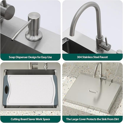 23 Inch Outdoor Kitchen Sink with Faucet - 23x20 Drop In Workstation 16 Gauge Stainless Steel Single Bowl Topmount Outdoor Wet Bar Sink with Stainless Steel Dust-Proof Cover #TLT-0064