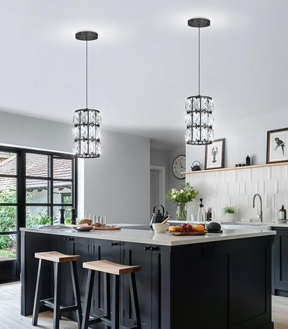 1-Lights Modern Crystal Pendant Lights for Kitchen Island LED Dimmable Glam Pendant Lighting Chandelier for Dining Room Hallway Corner Lamp Black