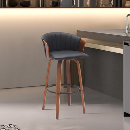 Armen Living Diana 26" Seat Height Mid Century Modern Swivel Walnut Wood Bar Stool for Kitchen Island Counter in Black Faux Leather