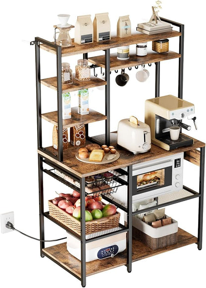 VEVOR Kitchen Bakers Rack with Power Outlets, 35.4x15.7x70.9 Inch Microwave Stand with Built-in Power Strip & 5 Ft Cord, 10 S-Shaped Hooks, for Dish Storage, Spice Jars, Coffee Bar Organization