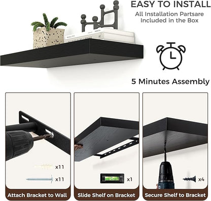Venusmiles Floating Shelves for Wall, Engineered Wood Wall Shelves with Invisible Brackets for Living Room Bedroom Bathroom Office Kitchen Decor and Storage (Black, 55" W x 9" D x 1.5" H) Set of 1