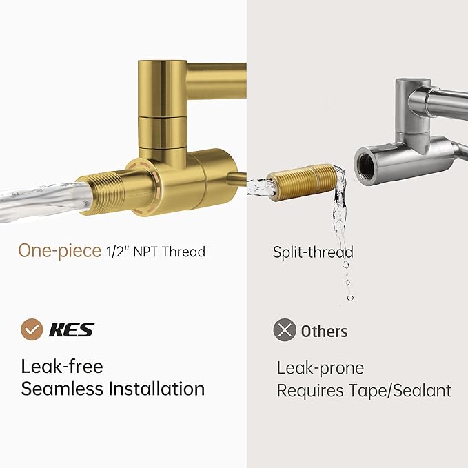 KES Kitchen Gold Pot Filler Folding Faucet Brass Double Joint Swing Arm Sink Faucet Articulating Wall Mount Two Handle Brushed Gold, KN926LFF18-BZ