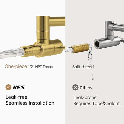 KES Kitchen Gold Pot Filler Folding Faucet Brass Double Joint Swing Arm Sink Faucet Articulating Wall Mount Two Handle Brushed Gold, KN926LFF18-BZ