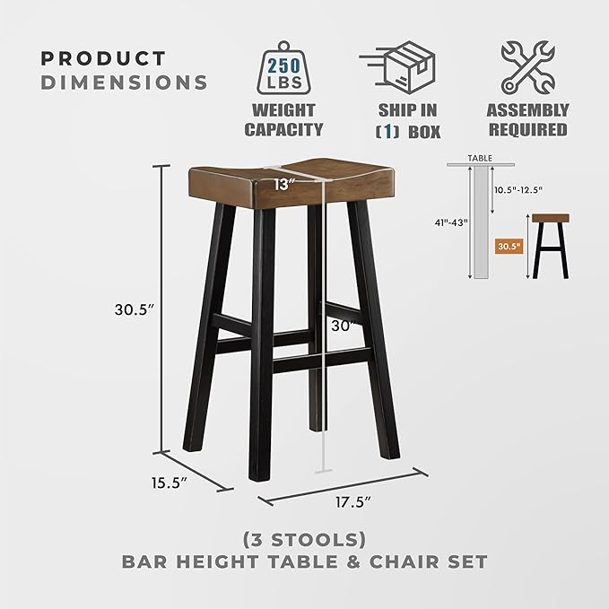 Lexicon Bar Table Set for 3, Small Kitchen Table Set Kitchen Island Table with 3 Saddle Bar Stools, 4 Piece Dining Table Set for Breakfast Nook, Living Room, Apartment, Pub Height, Black/Brown