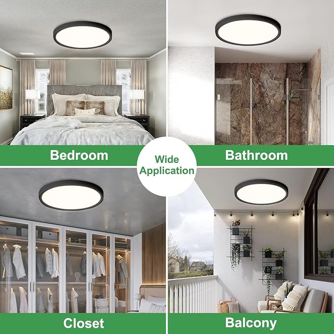 15.8 Inch Dimmable LED Flush Mount Ceiling Light, 32W, 3480LM, 3000K/3700K/4000K/5000K/6000K, Round Flat Panel Low Profile Ceiling Light Fitures for Hallway, Kitchen, Bedroom, 1PK Black