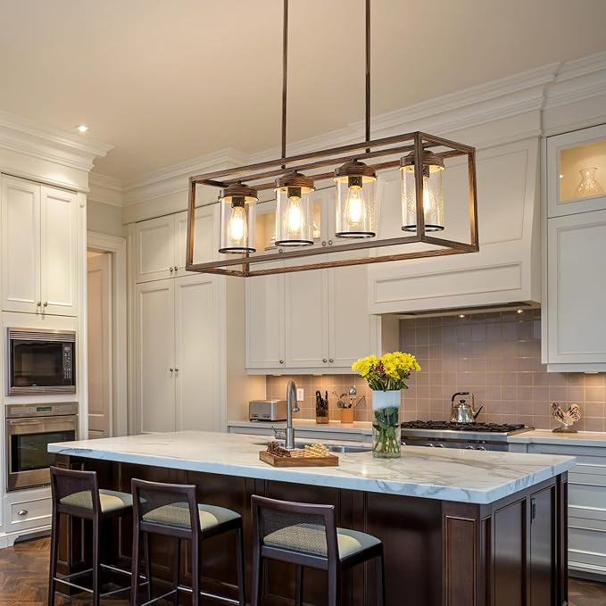 Farmhouse Dining Room Light Fixtures, Black and Gold Chandeliers for Dining Room,Kitchen Island,Office Coffee Shop, Rustic Rectangle Linear Pendant Ceiling Light with Glass Shade,Oak and Gold
