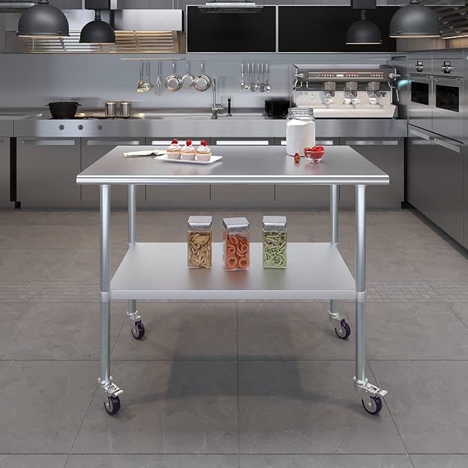 Stainless Steel Work Table with Wheels | NSF Kitchen Island Food Prep | Laundry Garage Utility Bench (Table + Wheels, 48" Long x 30" Deep)