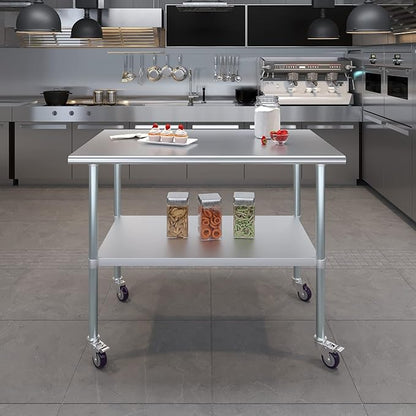 Stainless Steel Work Table with Wheels | NSF Kitchen Island Food Prep | Laundry Garage Utility Bench (Table + Wheels, 48" Long x 30" Deep)