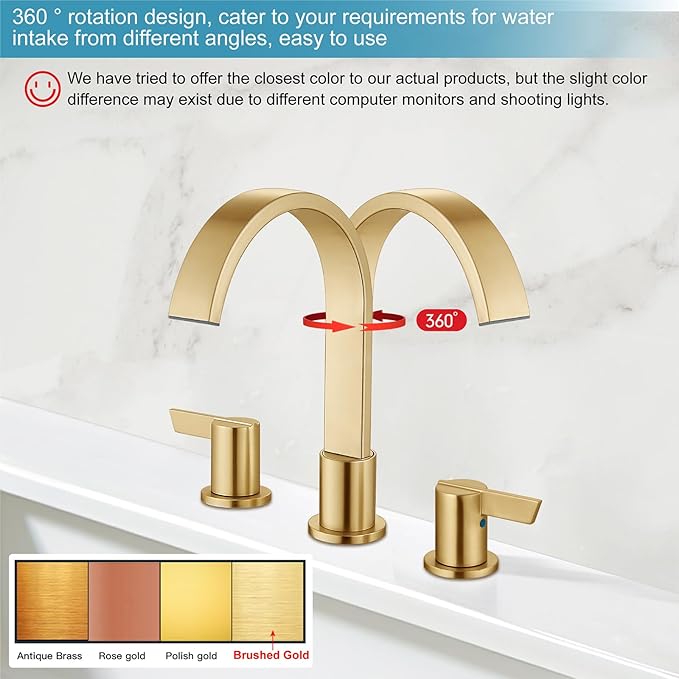 Midanya 8 inch Widespread Bathroom Sink Faucet,Modern Waterfall 3 Hole 2 Handles Bathroom Faucet 8" Vanity Faucets with Pop Up Drain and Water Supply Lines,Gold