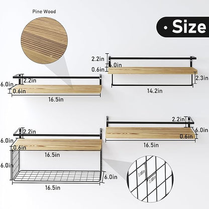 Wood Floating Shelves Wall Mounted - 4+1 Tier Rustic Bathroom Wall Shelves Over Toilet with Wire Storage Basket and Towel Bar, Set of 4 Farmhouse Floating Shelf for Bathroom, Kitchen, Bedroom.