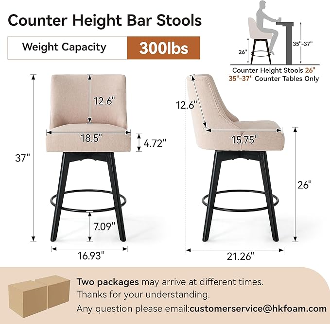 Counter Height Bar Stools Set of 4,Swivel Barstools with Backs and Wood Legs,Linen Fabric Upholstered Counter Stools for Kitchend Island,Mid-Century Modern 26"Seat Height Bar Chairs,Flax Beige