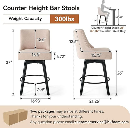Counter Height Bar Stools Set of 4,Swivel Barstools with Backs and Wood Legs,Linen Fabric Upholstered Counter Stools for Kitchend Island,Mid-Century Modern 26"Seat Height Bar Chairs,Flax Beige