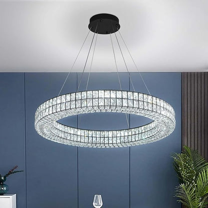 Modern Large LED Ring Chandelier Dimmable Crystal Chandeliers for Dining Room Living Room Entryway Staircase(2700K-6000k, Black 40 inch)
