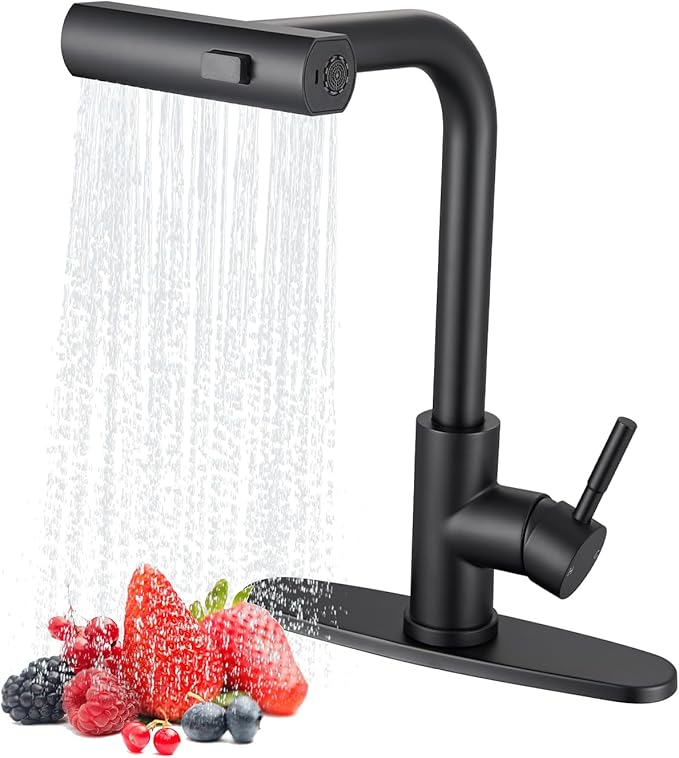 Waterfall Kitchen Faucet with Pull Down Sprayer, ARTIQUA Black Single Handle Kitchen Sink Faucet with Deck Plate Fits 1 or 3 Hole, for Bar RV Laundry Farmhouse Outdoor and Camper