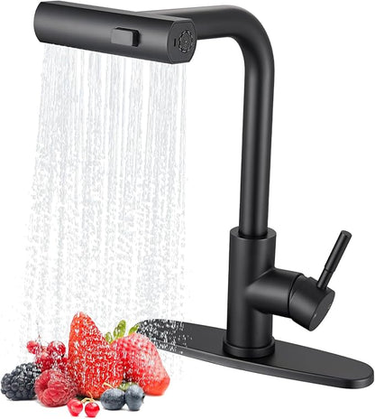 Waterfall Kitchen Faucet with Pull Down Sprayer, ARTIQUA Black Single Handle Kitchen Sink Faucet with Deck Plate Fits 1 or 3 Hole, for Bar RV Laundry Farmhouse Outdoor and Camper