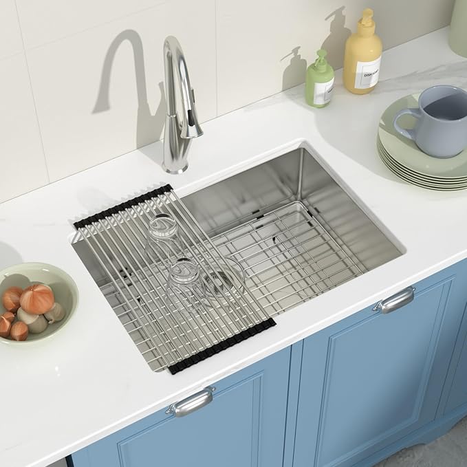 26 Undermount Kitchen Sink 26"x18"x8" Single Bowl 16 Gauge Stainless Steel Under Counter Single Bowl Kitchen Sinks Basin with Drain Strainer