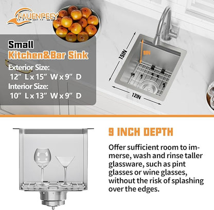 12x15In Kitchen And Bar Workstation Sink- Small Stainless Steel Undermount Single Bowl Bar Sink Built-in Ledge Drop In Workstation Sink With Accessory-SS Grid Cutting Board,Silicon Mat,Drain Assembly