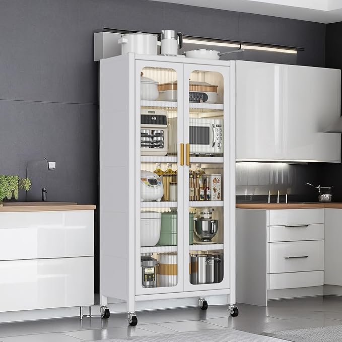 67.3" Kitchen Pantry Storage Cabinet,Display Storage Cabinet with Acrylic Glass Doors, Adjustable Shelves & Wheels,Metal Tall Food Pantries Cabinets,for Kitchen, Living Room and Dining Room, White