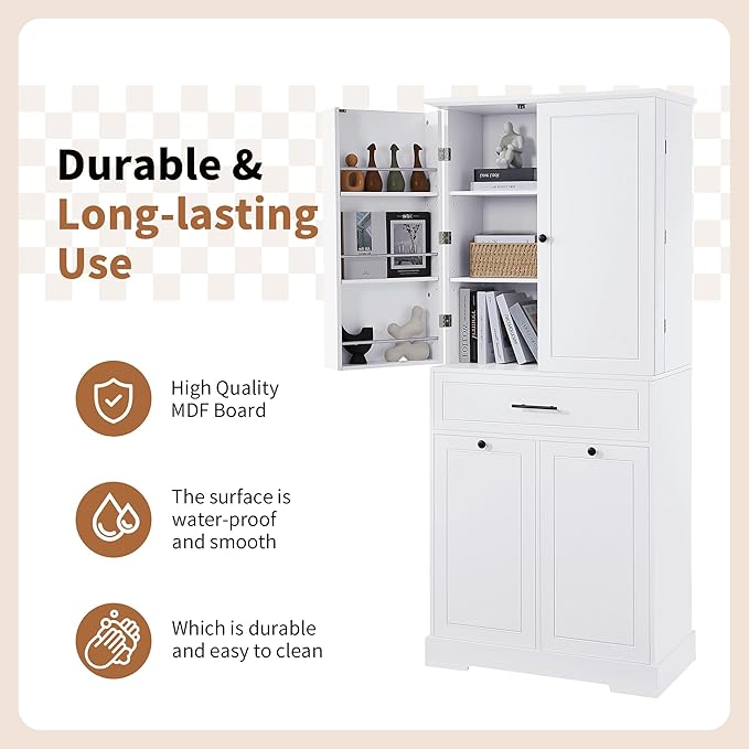 72.6" Storage Cabinet with Drawer and Door Shelf, Tilt-Out Laundry Hamper, Tall Freestanding Pantry Organizer Rack for Kitchen, Living Room or Bathroom, White