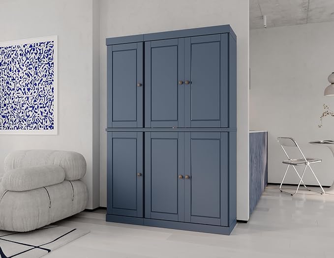 Palace Imports Solid Wood Kitchen Pantry Cabinet 71.5" Tall, 48.5" Wide – Freestanding Storage Cabinet with Adjustable Shelves – Antique Blue, Renewable Eco-Friendly 100% Wood, Made in Brazil