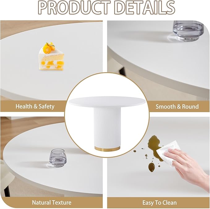Round Dining Table Set for 6, 46.46" Modern Farmhouse Dining Table and 4 Leather Dining Chair, Circle Kitchen Tables with Wood & Gold Stainless Steel Base for Living Room, Kitchen,White