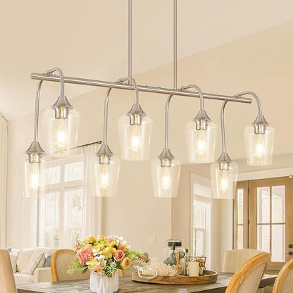 38" Dining Room Light Fixture/Chandelier Over Table, 8-Light Brushed Nickel Kitchen Island Lighting with Clear Glass Shade, Modern Hanging Pendant Lights Fixture for Kitchen Island, Dining Room, Bar