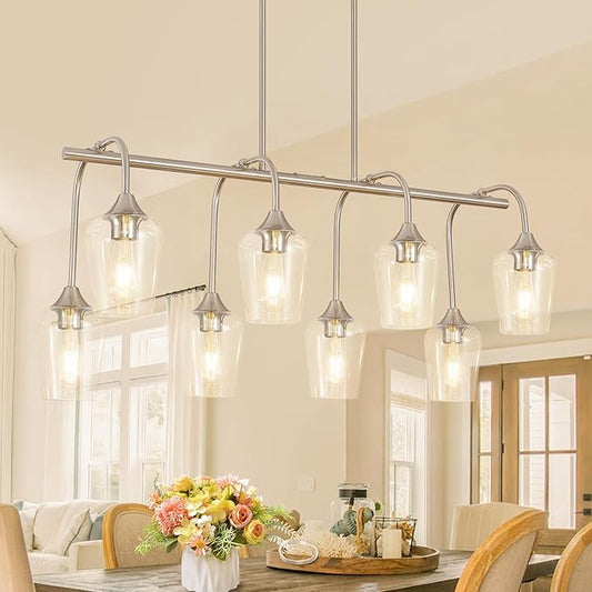 Dining Room Light Fixture/Chandelier Over Table (38inch, 8-Light), Brushed Nickel Kitchen Island Lighting with Clear Glass Shade, Modern Hanging Pendant Lights Fixture for Kitchen Island, Dining Room