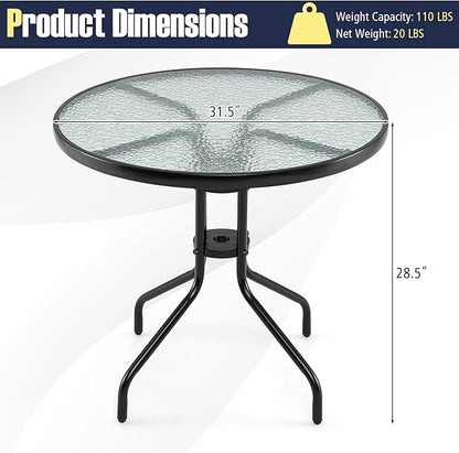 HAPPYGRILL Outdoor Bistro Table, 32" Patio Round Dining Table with Tempered Glass Tabletop & 2" Umbrella Hole, for Garden Backyard Poolside Porch