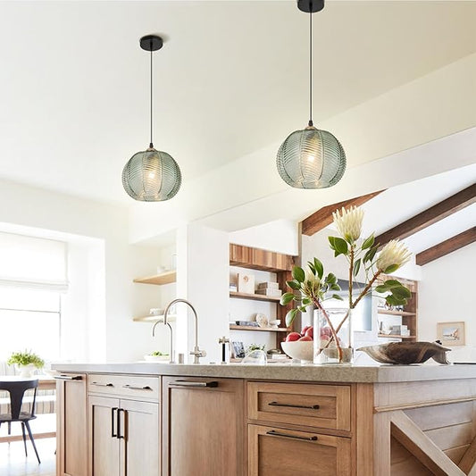 Green Glass Globe Pendant Light Fixture, Mid Century Modern Adjustable Height Hanging Pendant Lighting, Vintage Pendant Lamp for Kitchen Island Dining Room Living Room Bedroom