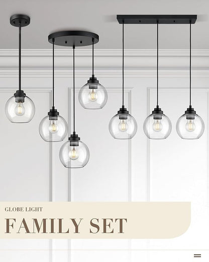 Black Island Light, 3-Light Linear Chandelier with Clear Glass, Globe Pendant Light Fixture for Dining Room Kitchen Island Living Room Pool Table, ZCPL101BK-3S