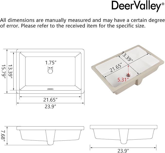 DeerValley 24x16 Inch Rectangular Undermount Bathroom Sink, White Ceramic Under Counter Sink with Flat Overflow, DV-1U0209