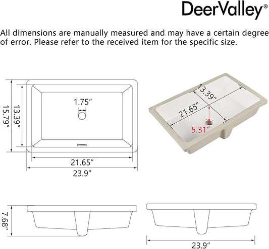 DeerValley 24x16 Inch Rectangular Undermount Bathroom Sink, White Ceramic Under Counter Sink with Flat Overflow, DV-1U0209