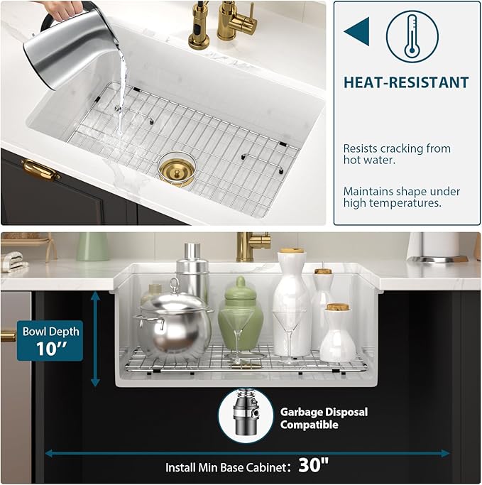 White Undermount Kitchen Sink 27 Inch Fireclay Porcelain Pure White Kitchen Sink 27"x19"x10" Dual Mount Single Bowl Glossy - Gold Drain