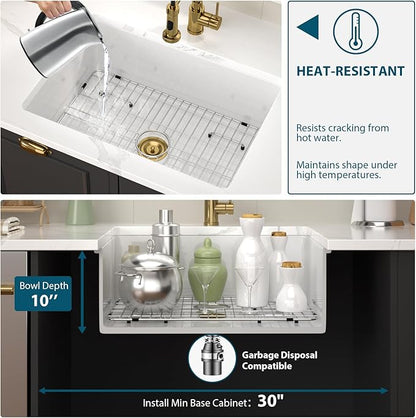 White Undermount Kitchen Sink 27 Inch Fireclay Porcelain Pure White Kitchen Sink 27"x19"x10" Dual Mount Single Bowl Glossy - Gold Drain