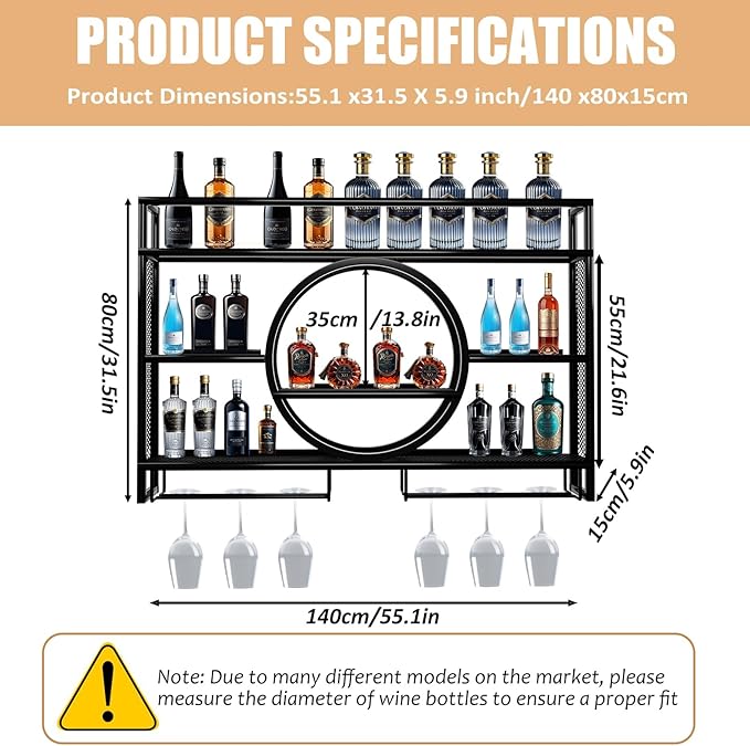 Metal Wine Rack Wall Mounted with LED Light, 3-Tier Bar Liquor Shelf with Wine Glass Holder, Modern Large Capacity Liquor Bottle Display Storage Shelf for Home Bar, Dining Room(Black, 140 * 80 * 15)
